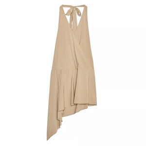 Zara Beige Asymmetrical Halter Tie-Back Dress